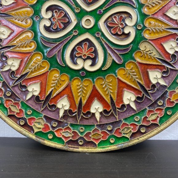 Vintage Ornate Enamel & Bronze Wall Ornament Plate, Smaltotex, Boho Chic Decor, - Picture 2 of 10